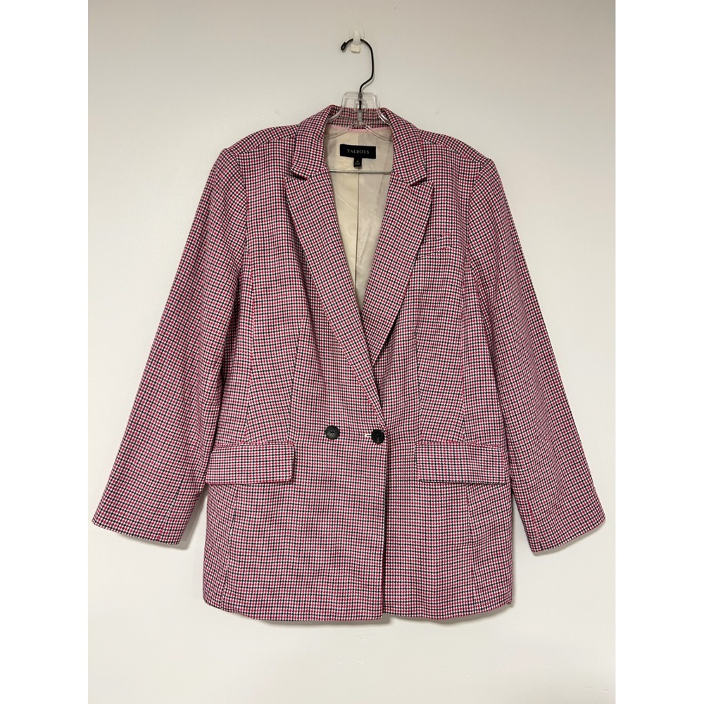 Talbots Pink Navy Houndstooth Cotton Longline Blazer Jacket Size 16 Professional